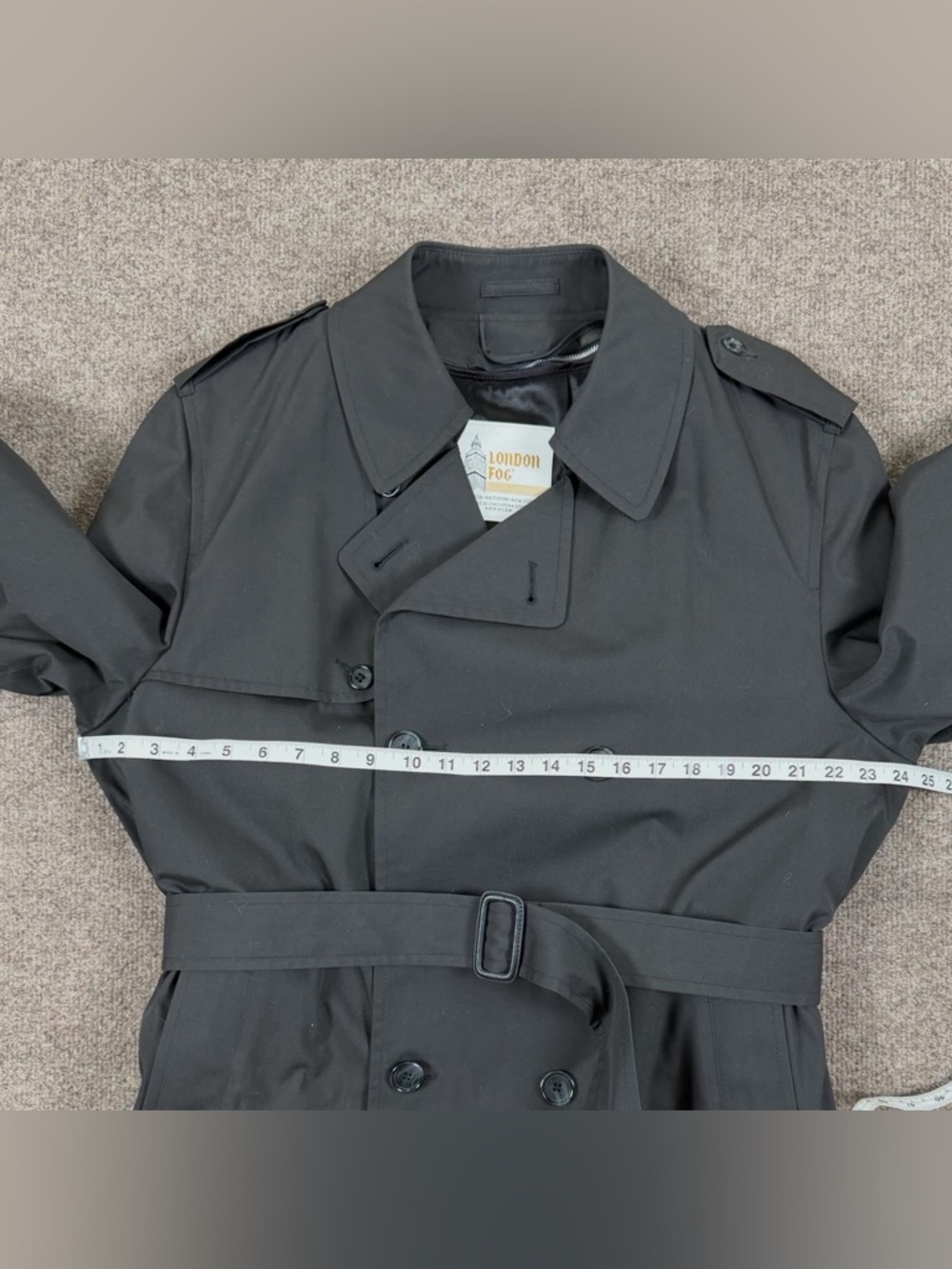 Vintage London Fog Black Long Double Breasted Belted Trench Coat Men’s 42 Large - Picture 10 of 10